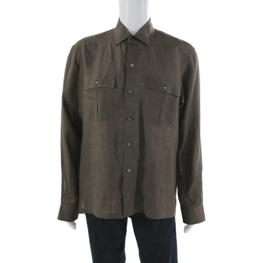 Lorenzini Mens Linen Brown Casual Dress Shirt Long Sleeve Size L